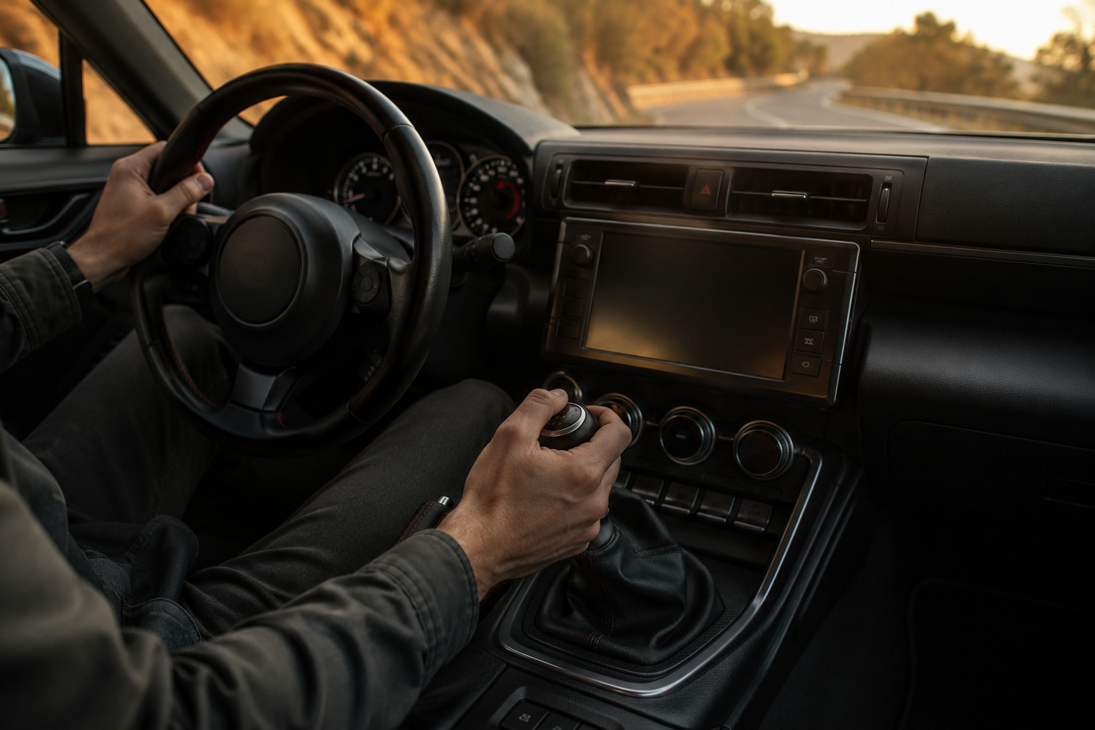 Hand on six-speed manual shifter at sunset